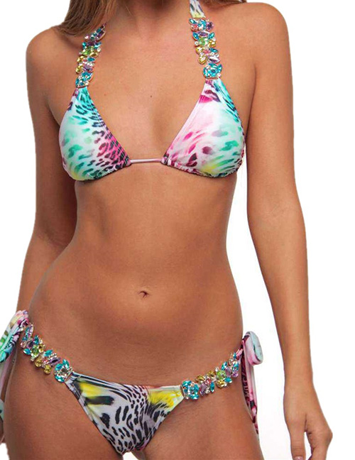 Fashion Color Crystal Diamond Print Lace Up Swimsuit