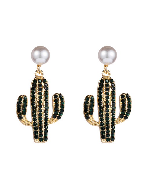 Fashion Black Alloy Diamond Cactus Pearl Stud Earrings