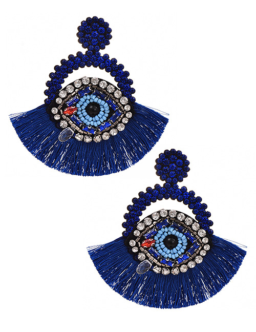 Fashion Royal Blue Resin Rice Pearl Rhinestone Eye Round Tassel Stud Earrings