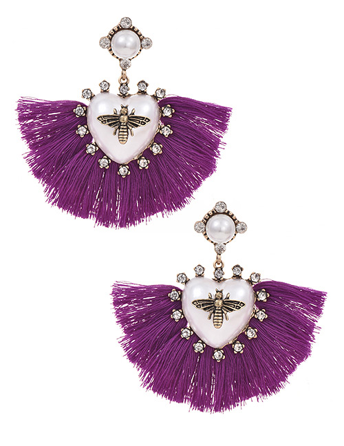 Fashion Purple Alloy Pearl Love Bee Short Tassel Stud Earrings