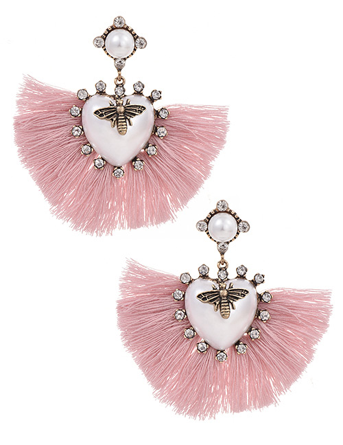 Fashion Light Pink Alloy Pearl Love Bee Short Tassel Stud Earrings