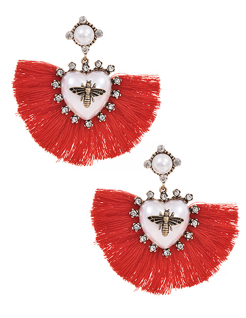 Fashion Red Alloy Pearl Love Bee Short Tassel Stud Earrings