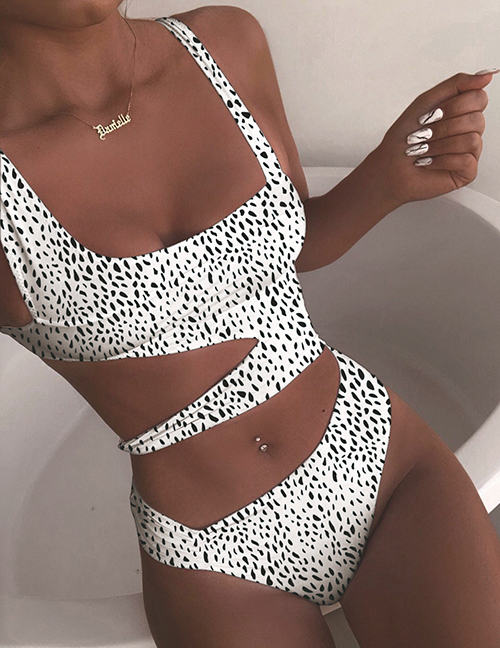 Fashion White Wave Point Polka-dot Print Cutout Strap Stitching One-piece Swimsuit