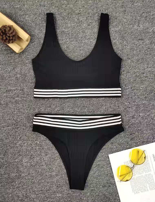 Fashion Black Striped Paneled Split Swimsuit
