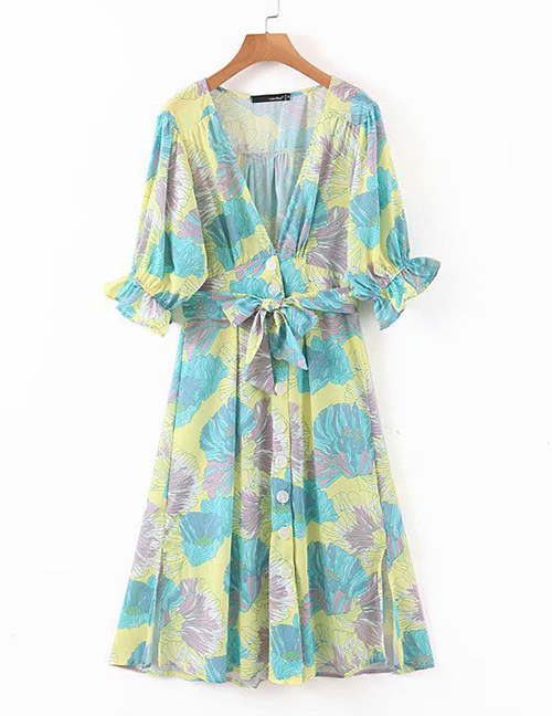 Fashion Blue V-neck Print Lace-up Ruffle Dress