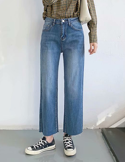 Fashion Denim Blue Stretch Frayed Straight-leg Loose-fit Loose Jeans