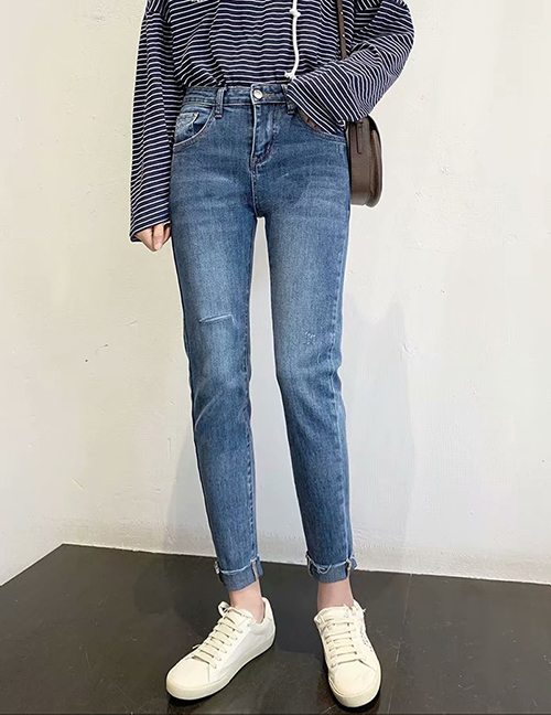 Fashion Denim Blue Stretch-cut Burr-edge Jeans