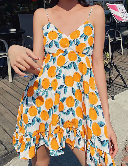 Fashion Orange Chiffon Floral Print Sling Ruffled Dress