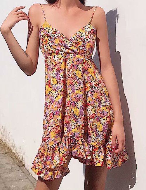 Fashion Colorful Garden Chiffon Floral Print Sling Ruffled Dress