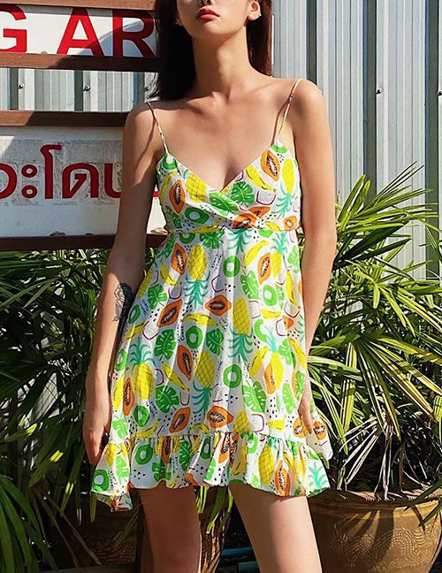 Fashion Tropical Fruit Pineapple Chiffon Floral Print Sling Ruffled Dress