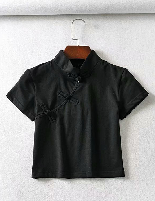 Fashion Black Button-down Cheongsam Collar Short-sleeved T-shirt