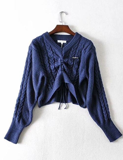 Fashion Navy Blue V-neck Front Drawstring Pullover Loose Cropped Sweater