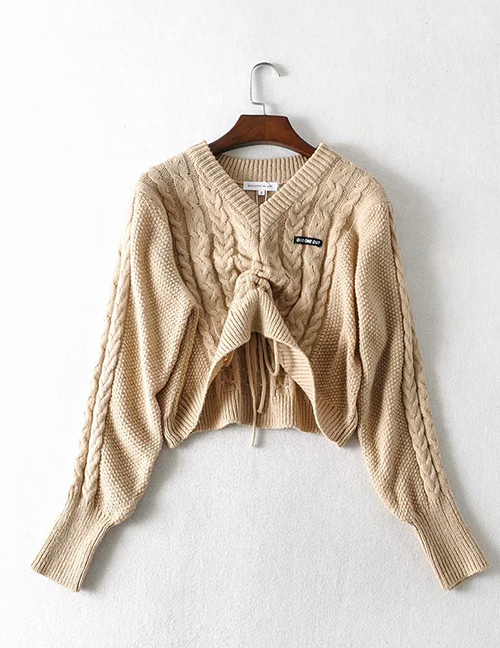 Fashion Camel V-neck Front Drawstring Pullover Loose Cropped Sweater