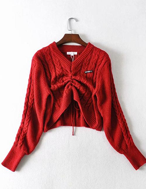 Fashion Crimson V-neck Front Drawstring Pullover Loose Cropped Sweater