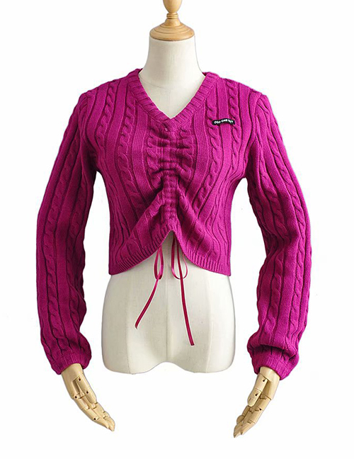 Fashion Purple Front Drawstring V-neck Pullover Short Sleeve Sweater