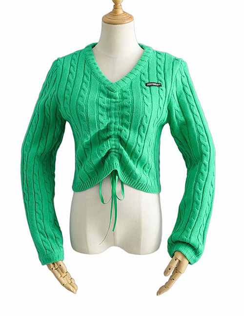 Fashion Green Front Drawstring V-neck Pullover Short Sleeve Sweater