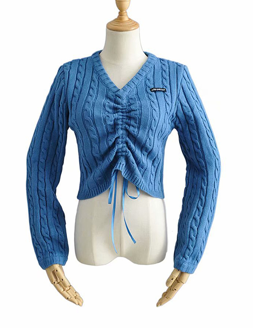 Fashion Blue Front Drawstring V-neck Pullover Short Sleeve Sweater