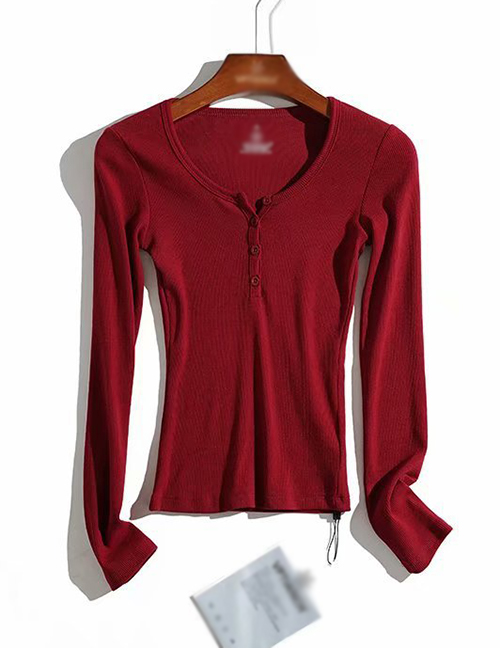 Fashion Wine Red Small-breasted Neckline Split T-shirt