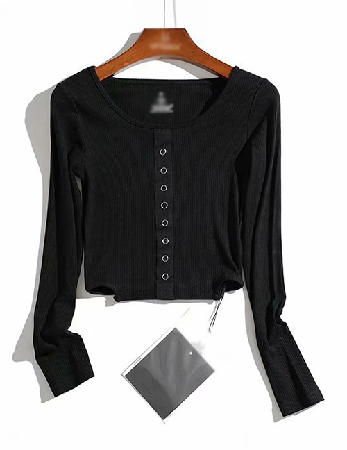 Fashion Black Placket Webbing Single-breasted Hem Irregular T-shirt
