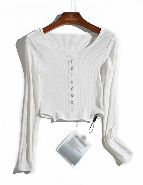 Fashion White Placket Webbing Single-breasted Hem Irregular T-shirt
