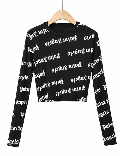Fashion Black Small Round Neck Print Slip-on Pullover T-shirt
