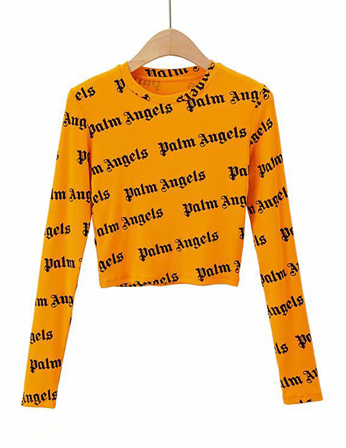 Fashion Orange Small Round Neck Print Slip-on Pullover T-shirt