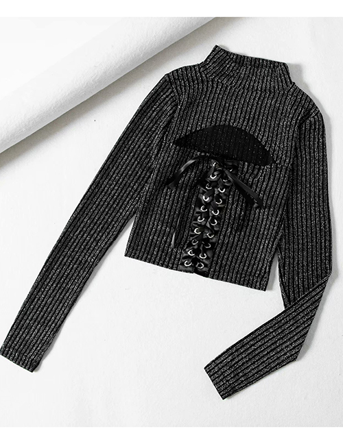 Fashion Black Bright Silk Strappy Drawstring Skinny Sweater