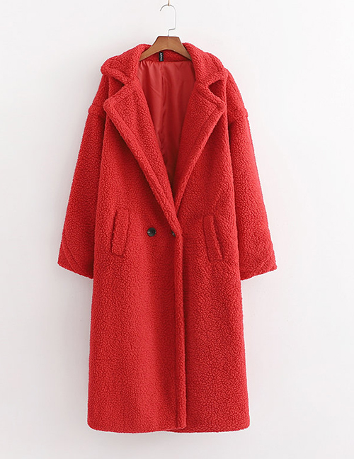 Fashion Red Lamb Wool Single Button Long Coat