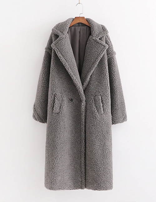Fashion Gray Lamb Wool Single Button Long Coat