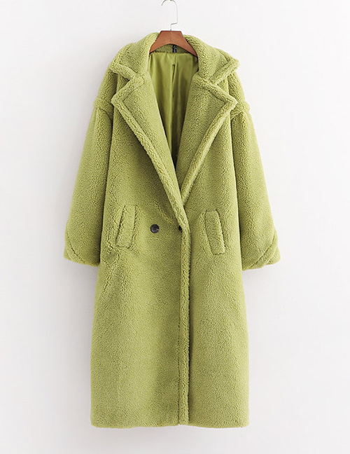 Fashion Shea Green Lamb Wool Single Button Long Coat