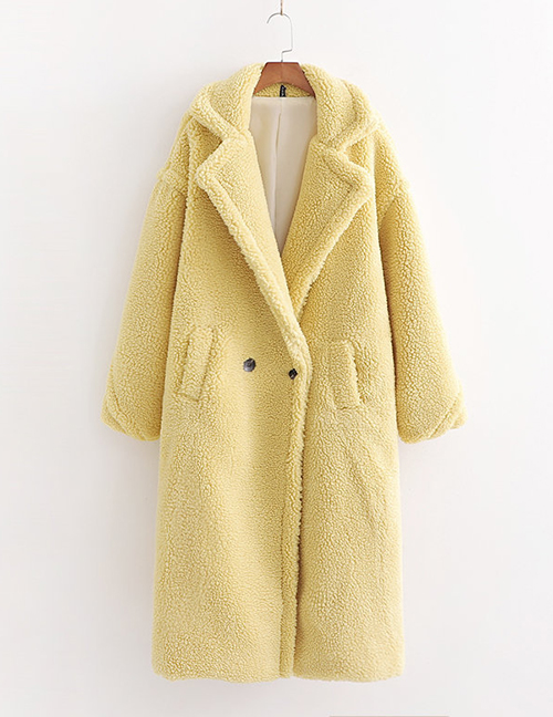 Fashion Lemon Yellow Lamb Wool Single Button Long Coat