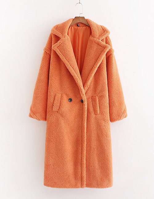 Fashion Orange Lamb Wool Single Button Long Coat