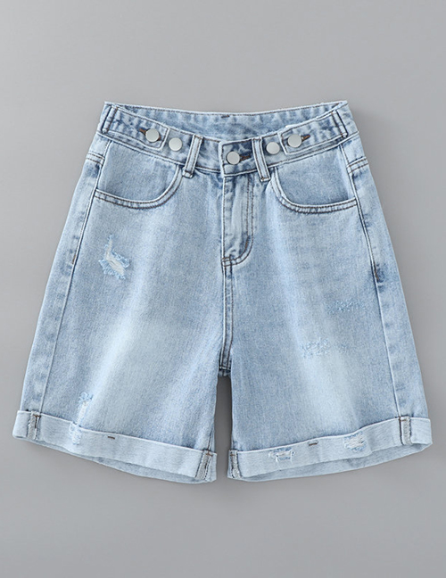 Fashion Denim Light Blue Washed Multi-button Ripped Denim Shorts