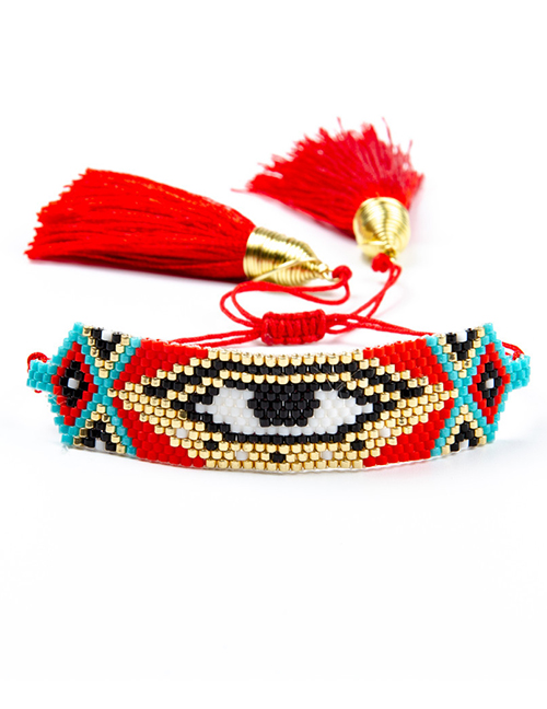 Fashion Red Hand-woven Rice Bead Eye Tassel Bracelet