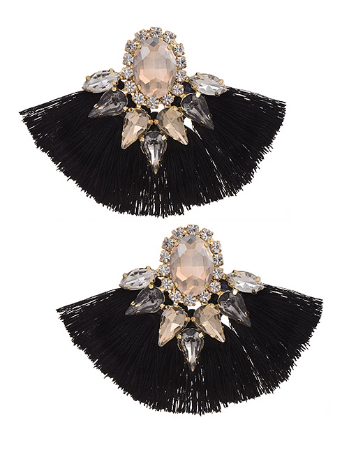 Fashion Black Alloy Diamond Drop Fringe Stud Earrings