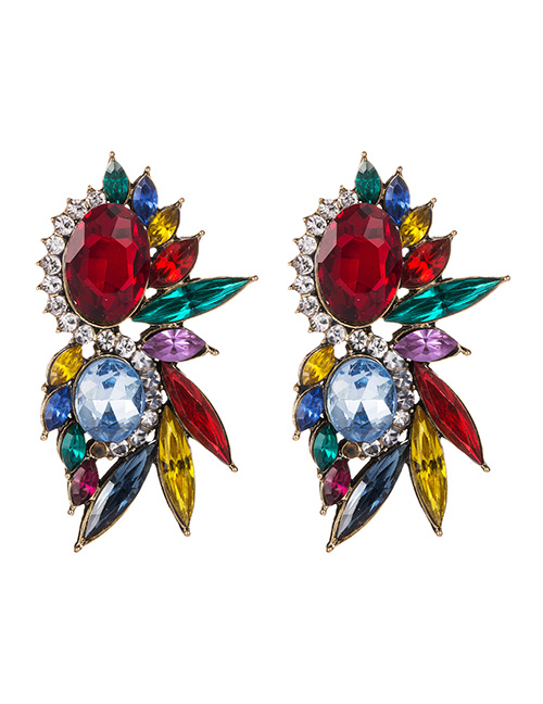 Fashion Color Alloy Studded Glass Diamond Stud Earrings