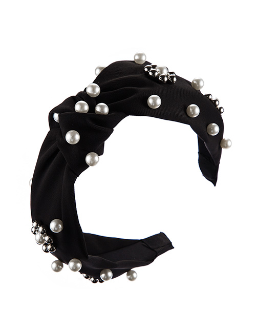 Fashion Black Pearl Flower Bead Knotted Wide Edge Hoop