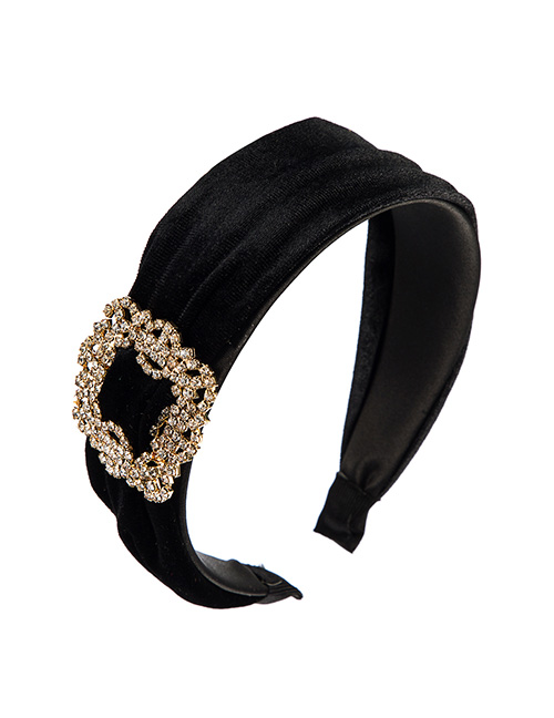 Fashion Black Gold Velvet Square Hollow Alloy Diamond Wide Headband