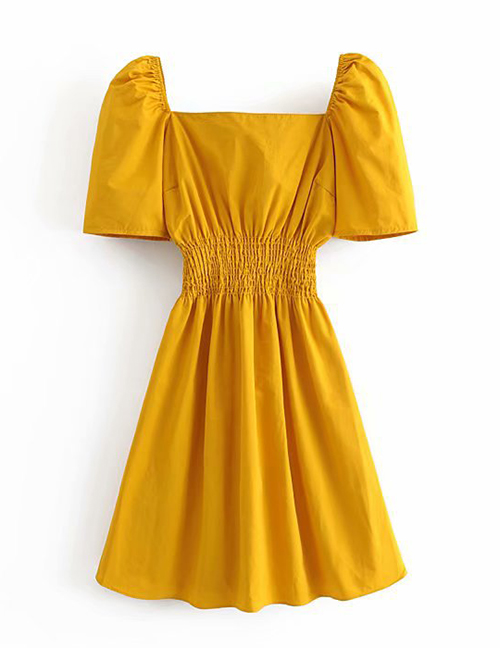 Fashion Yellow Puff Sleeve Square Neck Dress