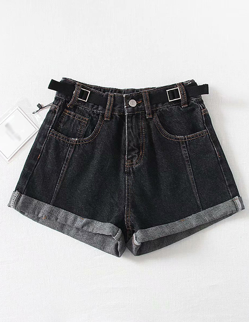 Fashion Black Washed Belt Stitching Denim Shorts