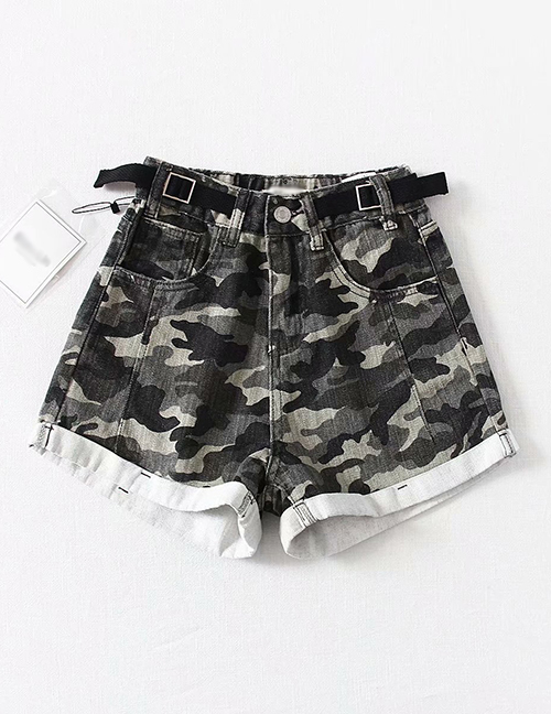 Fashion Camouflage Washed Belt Stitching Denim Shorts