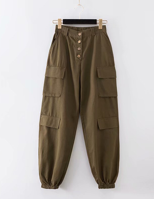 Fashion Army Green Washed High Waist Breasted Overalls