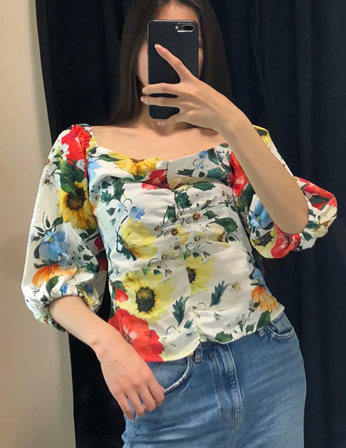 Fashion Color Floral Print Short Sleeve Pleated Shirt
