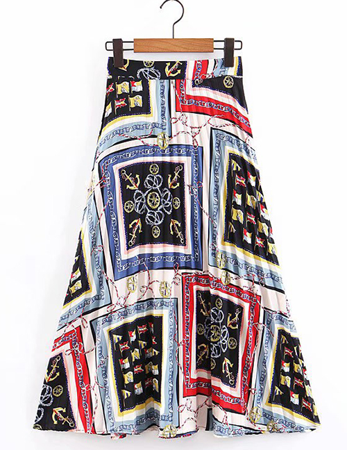 Fashion Color Flower Print Pleated Skirt