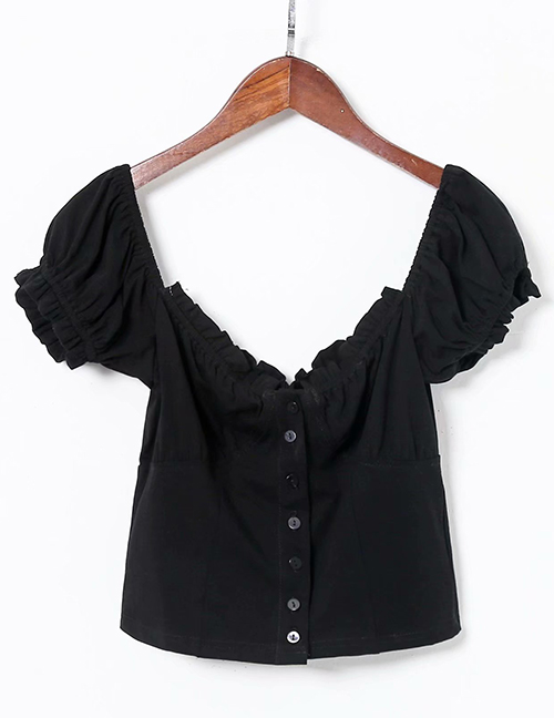 Fashion Black Lace Square Collar Stretch-knit Single-breasted Puff Sleeve Shirt
