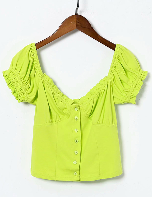 Fashion Green Lace Square Collar Stretch-knit Single-breasted Puff Sleeve Shirt