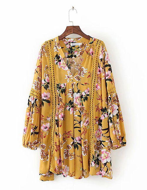 Fashion Yellow Flower Print Cutout V-neck Dress