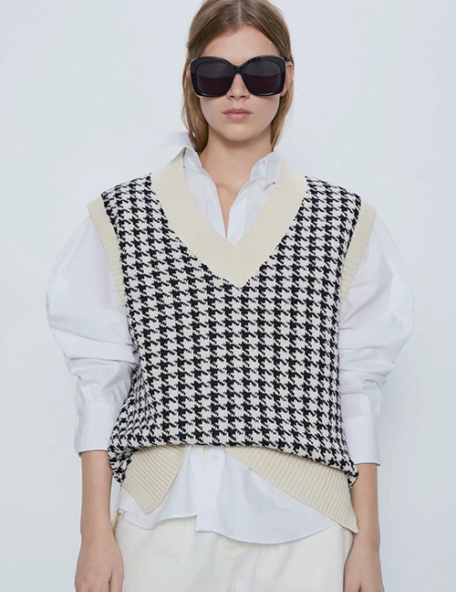 Fashion White Contrast-knit Houndstooth V-neck Hem Split Vest