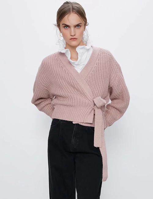 Fashion Pink Knit V-neck Sweater With Belt