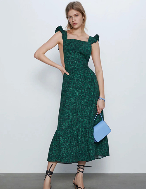 Fashion Dark Green Ruffled Print Strap Dress